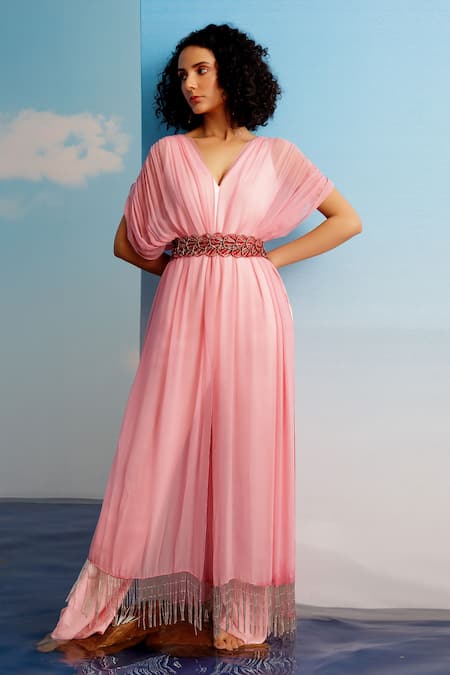 Harshita Jain Pink Georgette, Linen Sequins, Embroidery Solid Jumpsuit With Seperate Drapes 