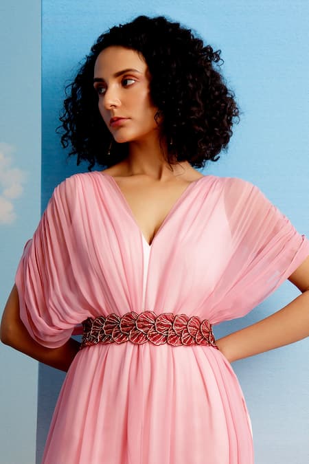 Shop Harshita Jain Pink Georgette, Linen Sequins, Embroidery Solid Jumpsuit With Seperate Drapes at Aza Fashions Shop_Harshita Jain_Pink Georgette, Linen Sequins, Embroidery Solid Jumpsuit With Seperate Drapes _at_Aza_Fashions