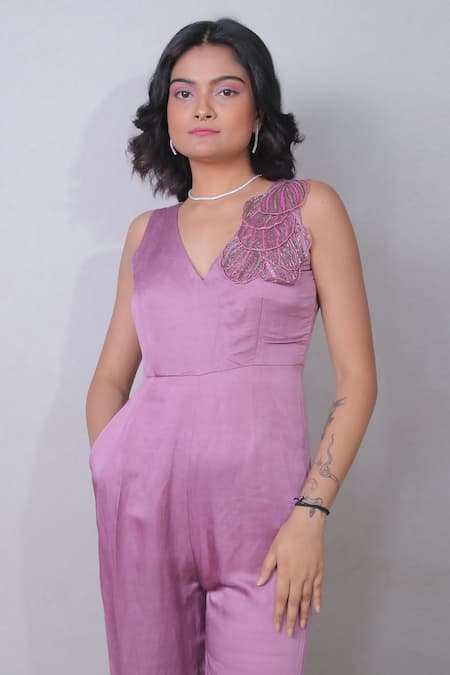 Harshita Jain_Purple Linen, Satin Embroidery V-neck Sleeve Jumpsuit _Online_at_Aza_Fashions