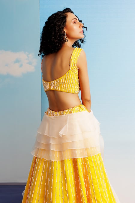 Shop_Harshita Jain_Yellow Linen, Organza Pearls, Cut Work Embroidered Blouse And Kalidar Lehenga Set _at_Aza_Fashions