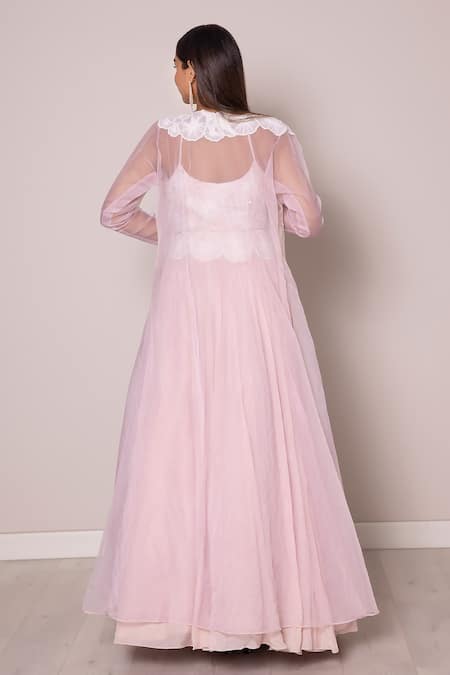 Shop_Harshita Jain_Pink Chiffon Applique Embroidered Pearls Round Jacket Lehenga Set _at_Aza_Fashions