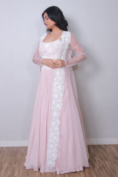 Buy_Harshita Jain_Pink Chiffon Applique Embroidered Pearls Round Jacket Lehenga Set _Online_at_Aza_Fashions