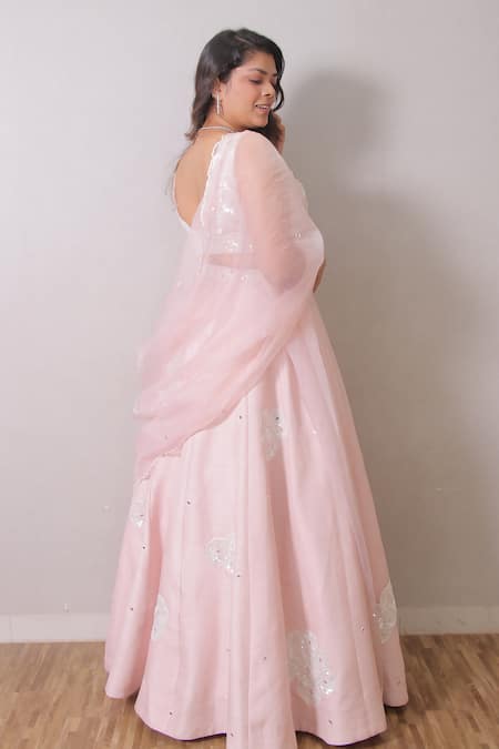 Buy_Harshita Jain_Pink Assam Silk Embroidered Sequins Sweetheart Neck Motif Blouse Lehenga Set _Online_at_Aza_Fashions
