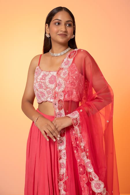 Harshita Jain_Pink Satin, Chiffon, Organza Sequins, Cut Embroidered Blouse Slit Lehenga Set _Online_at_Aza_Fashions