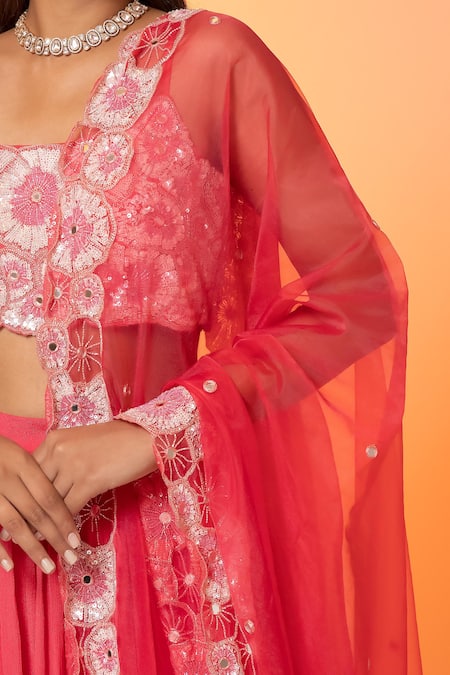 Buy_Harshita Jain_Pink Satin, Chiffon, Organza Sequins, Cut Embroidered Blouse Slit Lehenga Set _Online_at_Aza_Fashions