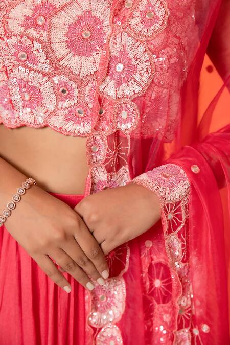 Shop_Harshita Jain_Pink Satin, Chiffon, Organza Sequins, Cut Embroidered Blouse Slit Lehenga Set _Online_at_Aza_Fashions