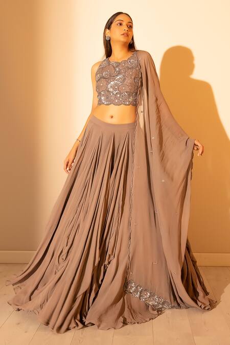 Harshita Jain_Grey Georgette Embroidered Sequins Round Pleated And Draped Lehenga Set _Online_at_Aza_Fashions