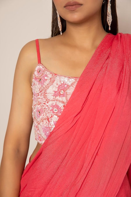 Harshita Jain_Pink Silk Sequins, Cut Work Round Neck Pre-draped Lehenga Saree With Blouse _Online_at_Aza_Fashions