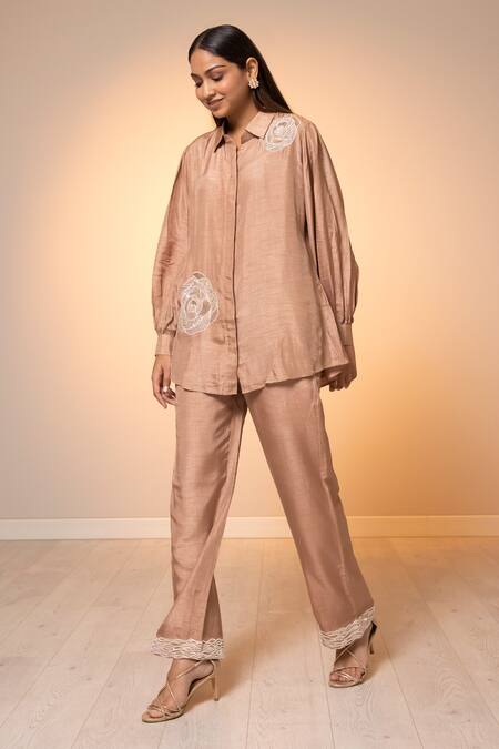 Harshita Jain Cream Cotton, Silk Sequins, Embroidery Shawl Neck Floral Shirt And Pant Set Online at Aza Fashions Harshita Jain_Cream Cotton, Silk Sequins, Embroidery Shawl Neck Floral Shirt And Pant Set _Online_at_Aza_Fashions