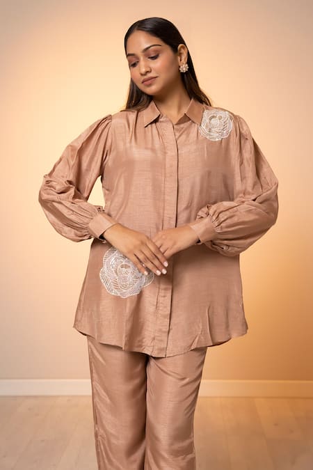 Buy Harshita Jain Cream Cotton, Silk Sequins, Embroidery Shawl Neck Floral Shirt And Pant Set Online at Aza Fashions Buy_Harshita Jain_Cream Cotton, Silk Sequins, Embroidery Shawl Neck Floral Shirt And Pant Set _Online_at_Aza_Fashions