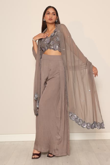 Harshita Jain Green Georgette Sequins, Mirrors, Embroidery V-neck Floral Blouse Pant Set 