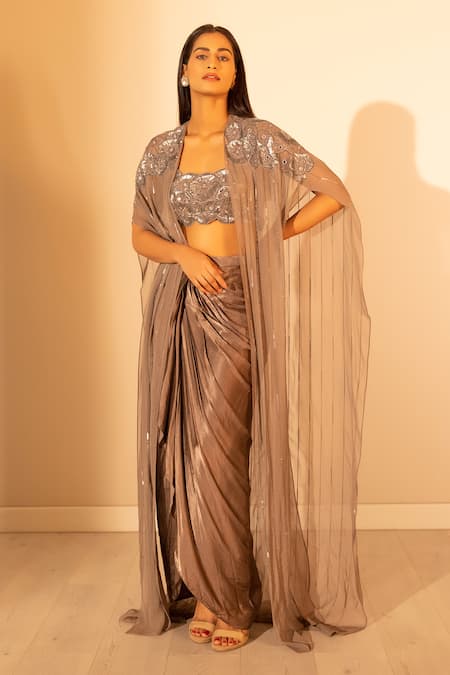 Harshita Jain Green Georgette, Silk Embroidery Floral Cape And Skirt Set 