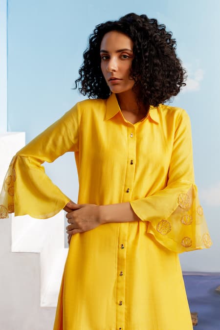 Shop Harshita Jain Yellow Cotton, Silk Embroidery Shawl Neck Shirt Dress at Aza Fashions Shop_Harshita Jain_Yellow Cotton, Silk Embroidery Shawl Neck Shirt Dress _at_Aza_Fashions