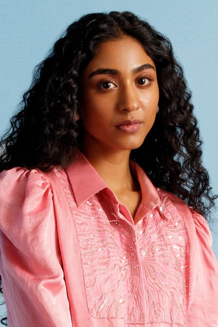Shop Harshita Jain Pink Linen, Satin Sequins Collared Embroidered Shirt Dress at Aza Fashions Shop_Harshita Jain_Pink Linen, Satin Sequins Collared Embroidered Shirt Dress _at_Aza_Fashions