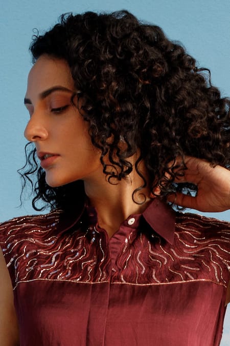 Shop_Harshita Jain_Maroon Linen, Satin Sequins, Embroidery Collared Shirt Dress _at_Aza_Fashions