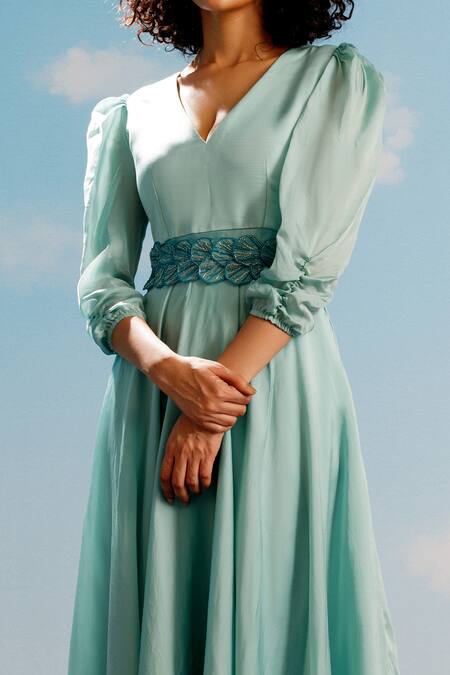 Shop Harshita Jain Green Satin, Organza Embroidery V-neck Mutton Sleeves Dress With Belt at Aza Fashions Shop_Harshita Jain_Green Satin, Organza Embroidery V-neck Mutton Sleeves Dress With Belt_at_Aza_Fashions
