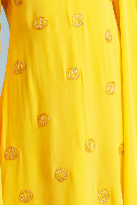 Shop_Harshita Jain_Yellow Georgette Embroidery V-neck 3d Dress _at_Aza_Fashions