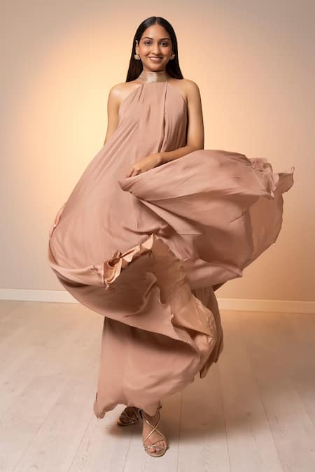 Shop_Harshita Jain_Brown Chiffon Cut Work Halter Neck Embroidered Dress _at_Aza_Fashions