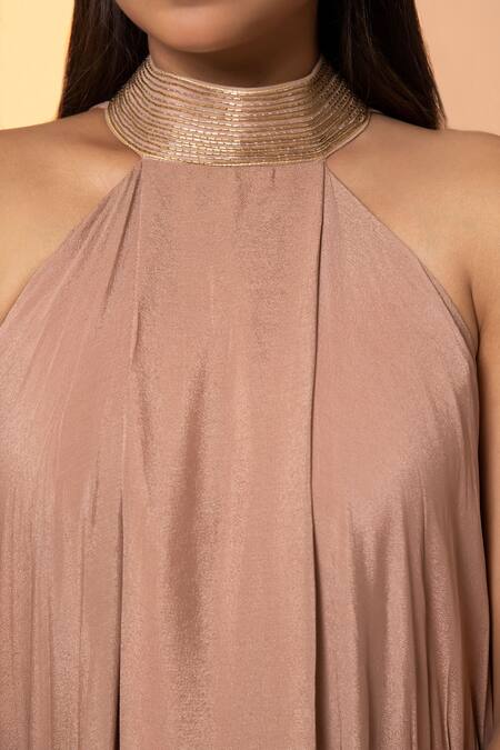 Buy_Harshita Jain_Brown Chiffon Cut Work Halter Neck Embroidered Dress _Online_at_Aza_Fashions