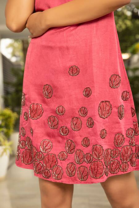Harshita Jain_Red Linen, Satin Embroidery Halter Neck Dress _Online_at_Aza_Fashions