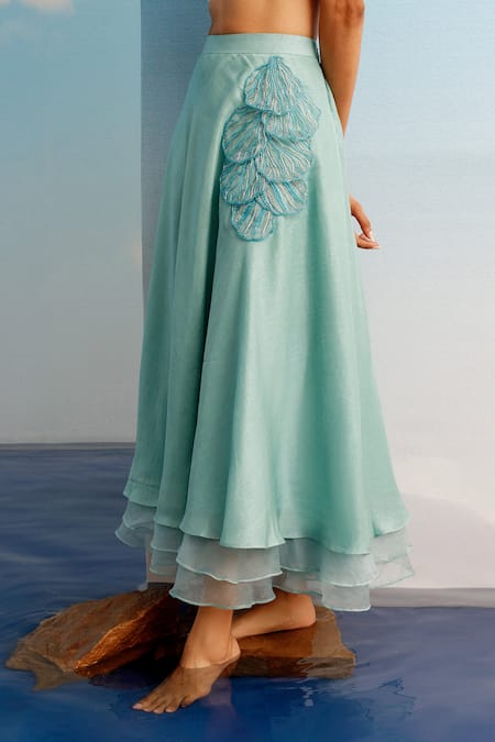 Shop_Harshita Jain_Green Organza, Cotton Embroidery, Sequins Layered Hem Skirt _at_Aza_Fashions