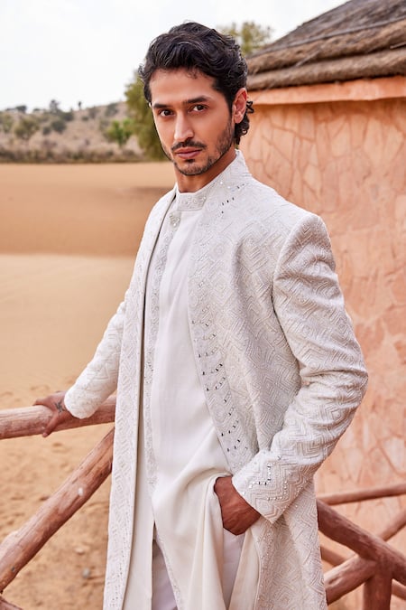 Sarab Khanijou Silk Mirror & Thread Embroidered Sherwani Set 