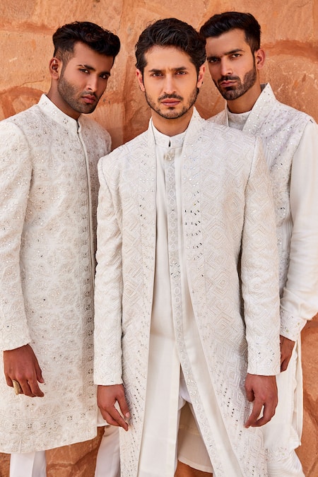Sarab Khanijou Ivory Silk Embroidered Pearl Mirror And Thread Sherwani Set Online at Aza Fashions Sarab Khanijou_Ivory Silk Embroidered Pearl Mirror And Thread Sherwani Set _Online_at_Aza_Fashions