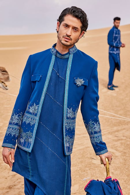 Sarab Khanijou Blue Sandwash Embroidered Pearl And Thread Work & Bandhgala Set 