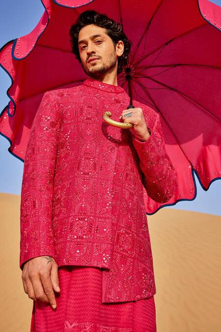 Sarab Khanijou Pink Silk Embroidered Pearl Asymmetric Bandhagala Set Online at Aza Fashions Sarab Khanijou_Pink Silk Embroidered Pearl Asymmetric Bandhagala Set _Online_at_Aza_Fashions