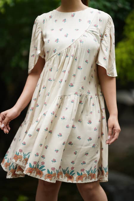 Leela By A_Beige Tencel Embroidery Round Neck Lotus Print Tiered Dress _Online_at_Aza_Fashions