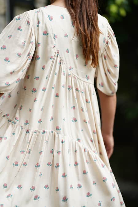 Buy_Leela By A_Beige Tencel Embroidery Round Neck Lotus Print Tiered Dress _Online_at_Aza_Fashions