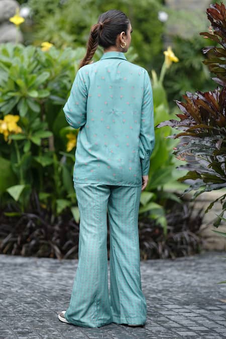 Shop_Leela By A_Green Tencel Embroidery Shawl Neck Flap Pocket Shirt With Lotus Print Pant _at_Aza_Fashions