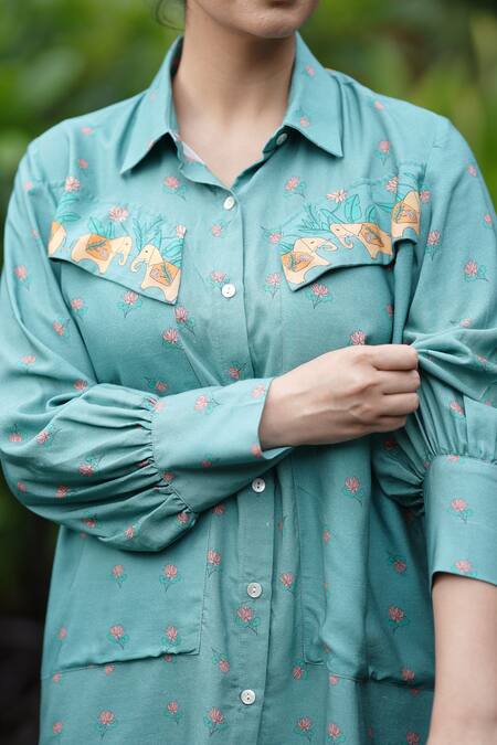 Leela By A_Green Tencel Embroidery Shawl Neck Flap Pocket Shirt With Lotus Print Pant _Online_at_Aza_Fashions