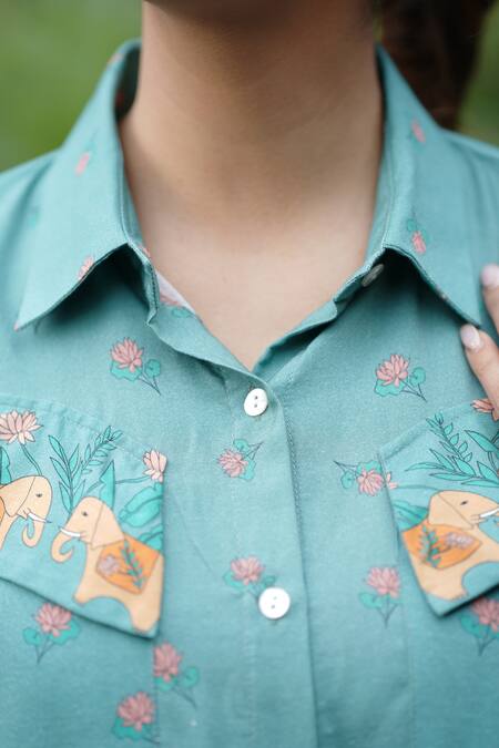 Buy_Leela By A_Green Tencel Embroidery Shawl Neck Flap Pocket Shirt With Lotus Print Pant _Online_at_Aza_Fashions