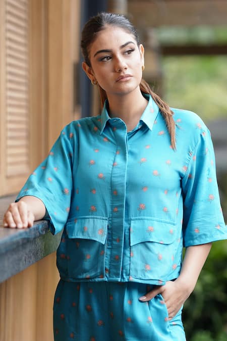 Buy_Leela By A_Blue Tencel Embroidery Shawl Neck Padma Print Crop Shirt And Cargo Pant Set _Online_at_Aza_Fashions