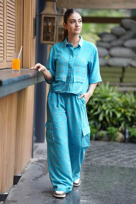 Shop_Leela By A_Blue Tencel Embroidery Shawl Neck Padma Print Crop Shirt And Cargo Pant Set _Online_at_Aza_Fashions