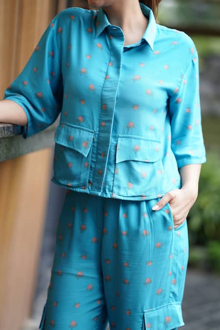 Buy_Leela By A_Blue Tencel Embroidery Shawl Neck Padma Print Crop Shirt And Cargo Pant Set 