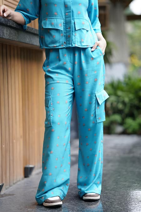 Shop_Leela By A_Blue Tencel Embroidery Shawl Neck Padma Print Crop Shirt And Cargo Pant Set 