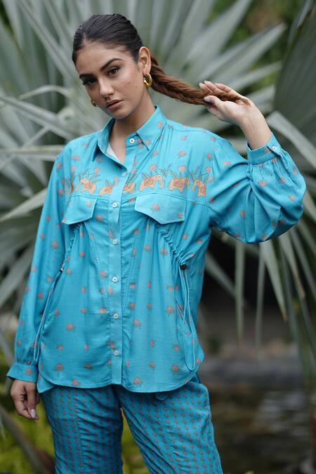 Leela By A_Blue Tencel Embroidery Shawl Neck Lotus Print Flap Shirt With Flared Pant _Online_at_Aza_Fashions