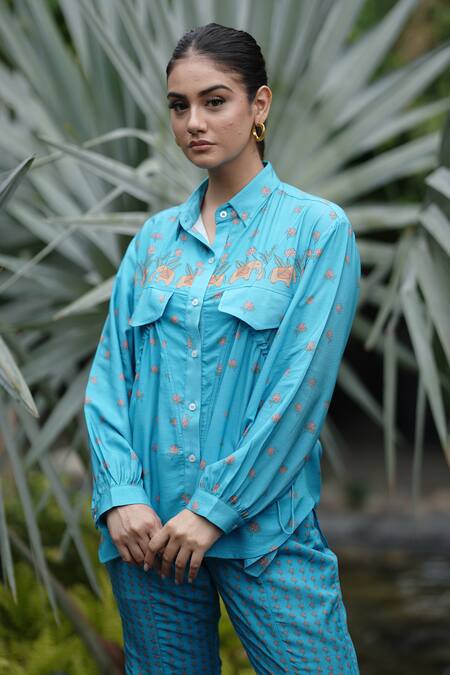 Buy_Leela By A_Blue Tencel Embroidery Shawl Neck Lotus Print Flap Shirt With Flared Pant _Online_at_Aza_Fashions