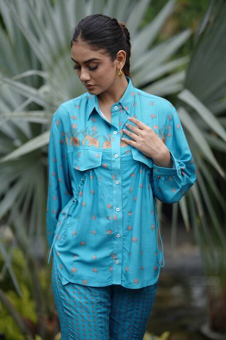 Shop_Leela By A_Blue Tencel Embroidery Shawl Neck Lotus Print Flap Shirt With Flared Pant _Online_at_Aza_Fashions