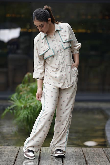 Leela By A_Beige Tencel Embroidery Shawl Neck Side Flap Lotus Print Shirt With Pant _Online_at_Aza_Fashions