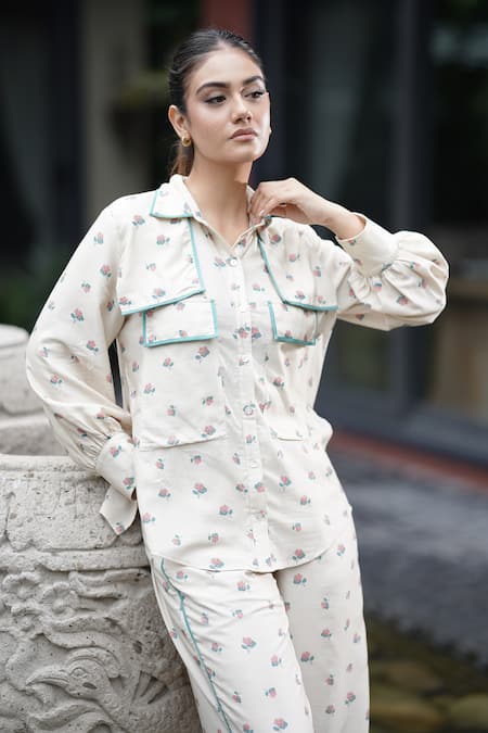 Buy_Leela By A_Beige Tencel Embroidery Shawl Neck Side Flap Lotus Print Shirt With Pant _Online_at_Aza_Fashions