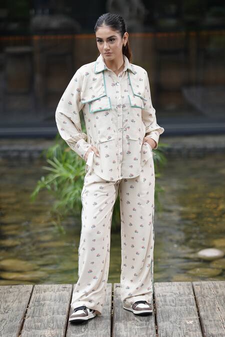 Shop_Leela By A_Beige Tencel Embroidery Shawl Neck Side Flap Lotus Print Shirt With Pant _Online_at_Aza_Fashions
