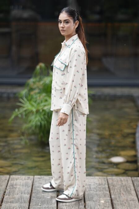 Leela By A_Beige Tencel Embroidery Shawl Neck Side Flap Lotus Print Shirt With Pant _at_Aza_Fashions