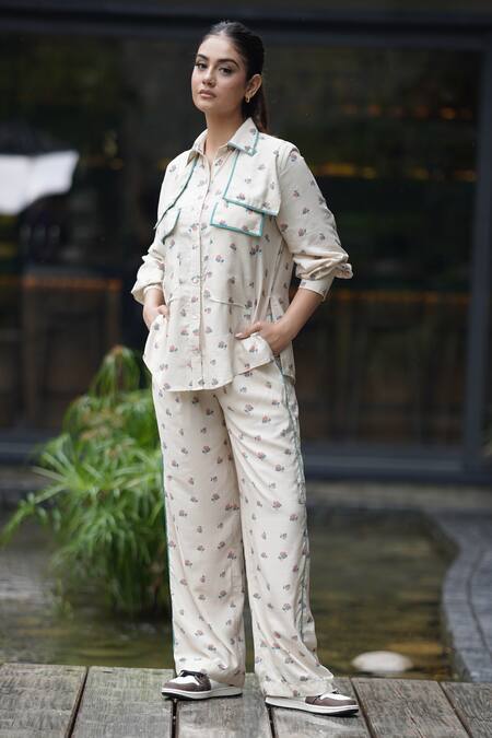 Buy_Leela By A_Beige Tencel Embroidery Shawl Neck Side Flap Lotus Print Shirt With Pant 