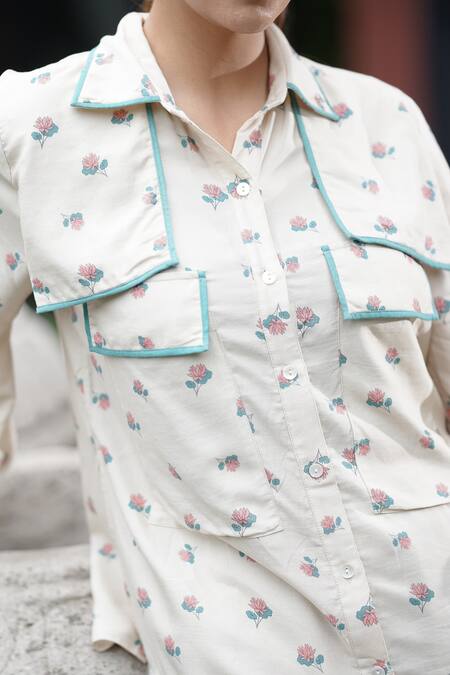 Shop_Leela By A_Beige Tencel Embroidery Shawl Neck Side Flap Lotus Print Shirt With Pant 