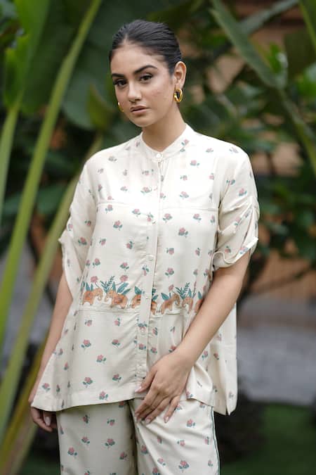 Leela By A_Beige Tencel Embroidery Mandarin Collar Lotus Print Shirt With Pant _Online_at_Aza_Fashions
