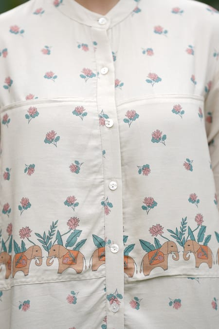 Buy_Leela By A_Beige Tencel Embroidery Mandarin Collar Lotus Print Shirt With Pant _Online_at_Aza_Fashions
