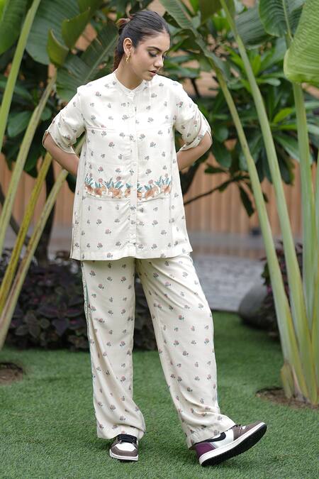 Shop_Leela By A_Beige Tencel Embroidery Mandarin Collar Lotus Print Shirt With Pant _Online_at_Aza_Fashions